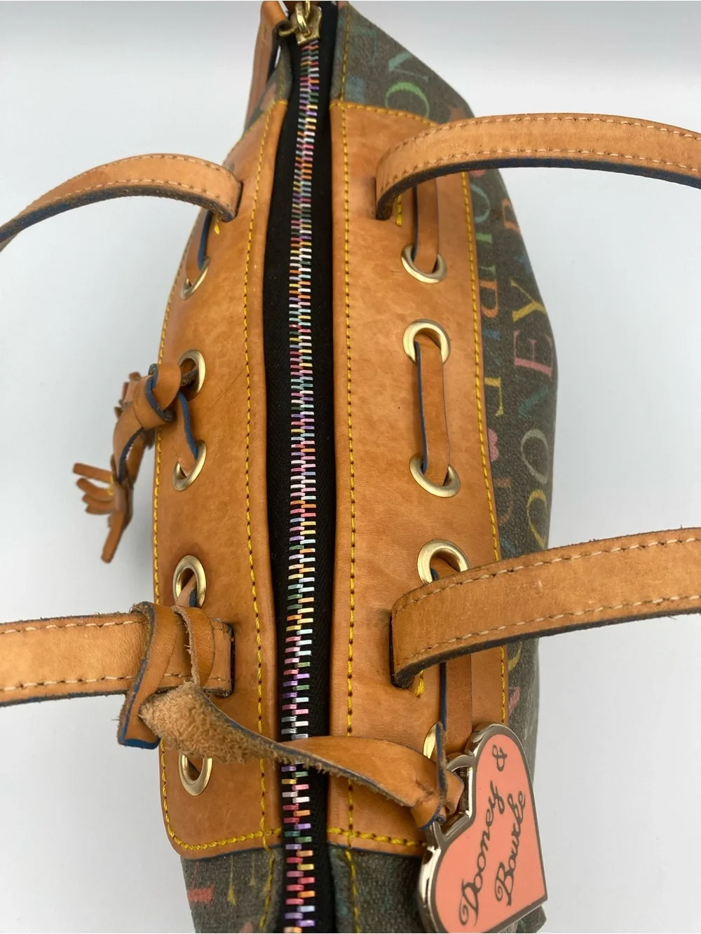 Dooney & Bourke Multicolor Logo Shoulder Bag with Tan Leather